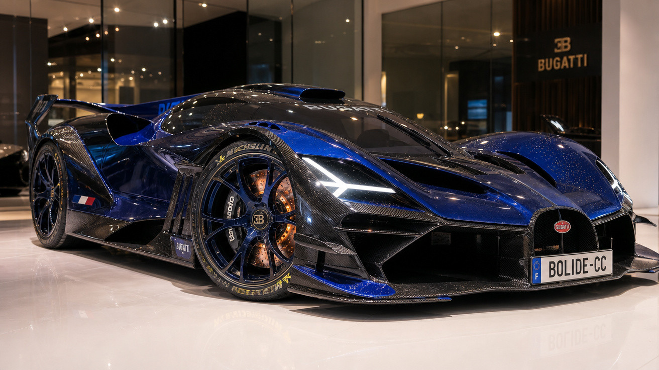 Carro esportivo Bugatti Bolide azul com detalhes em fibra de carbono em showroom iluminado.