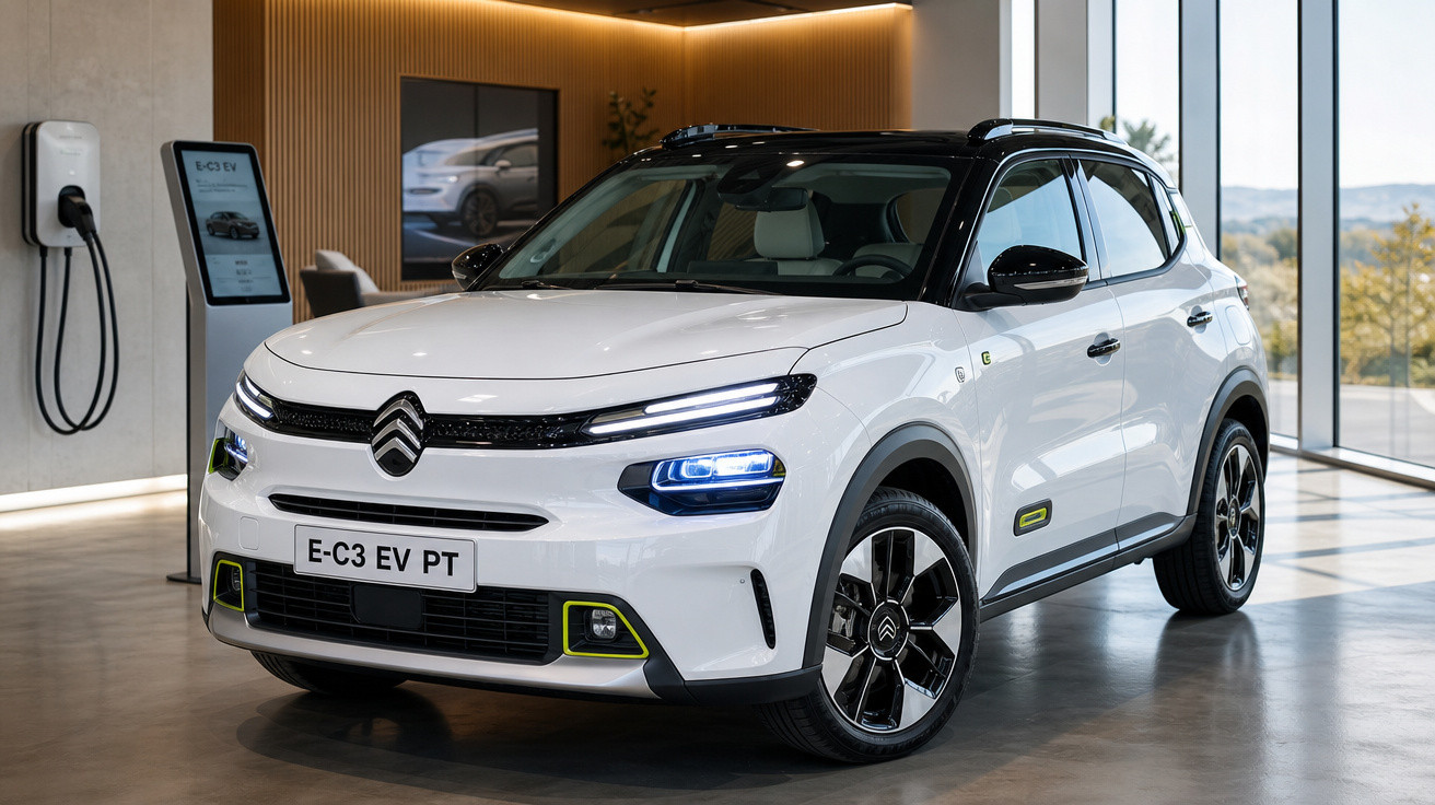 Carro elétrico Citroën E-C3 EV branco com teto preto em showroom moderno e iluminado.