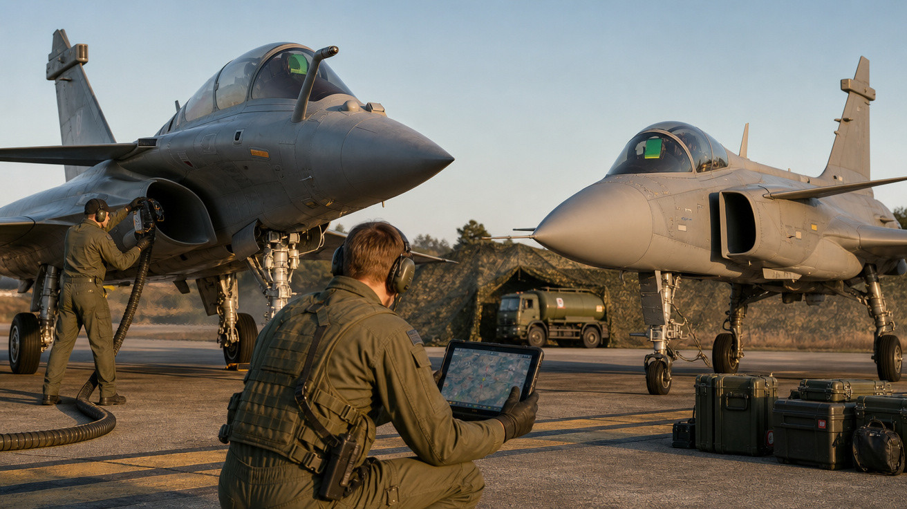Dois caças militares estacionados com três militares realizando manutenção e monitoramento ao ar livre.