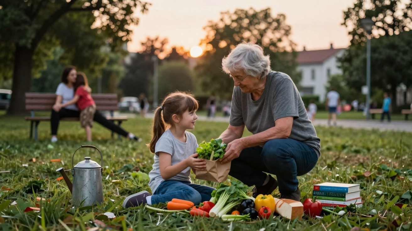 Idosa e criança trocando verduras sentadas na grama de parque ao pôr do sol.