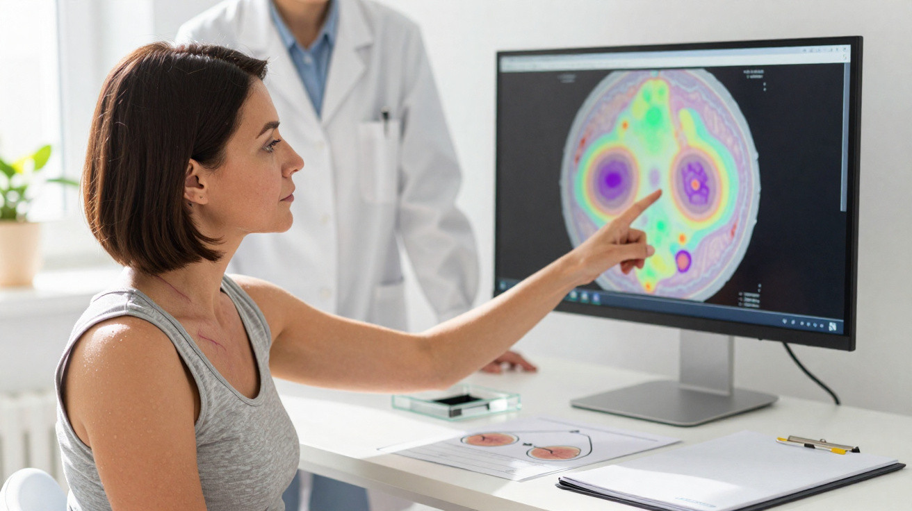 Mulher apontando para imagem colorida de exame cerebral em monitor, com médico ao fundo.