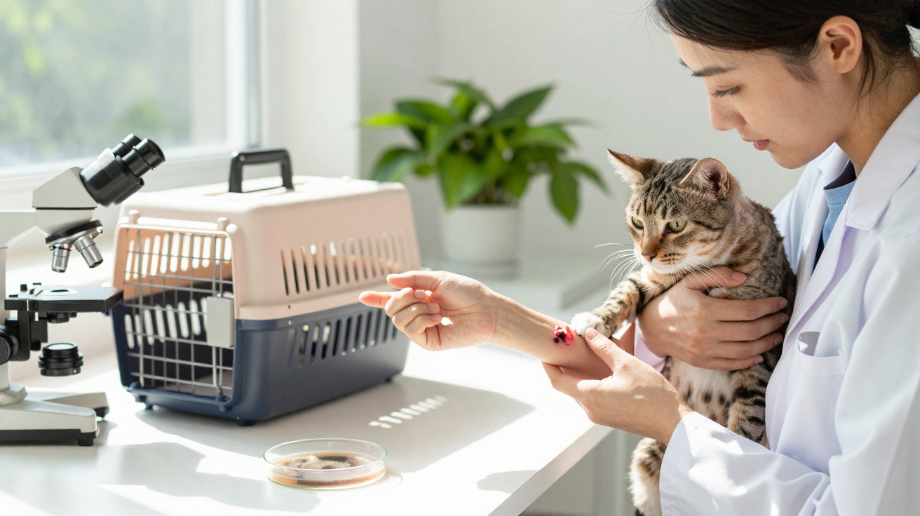 Veterinária examina pata de gato tigrado em clínica com microscópio e transportadora ao fundo.