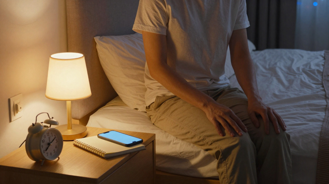 Pessoa sentada na beira da cama à noite, próxima a um criado-mudo com lâmpada, celular e despertador.