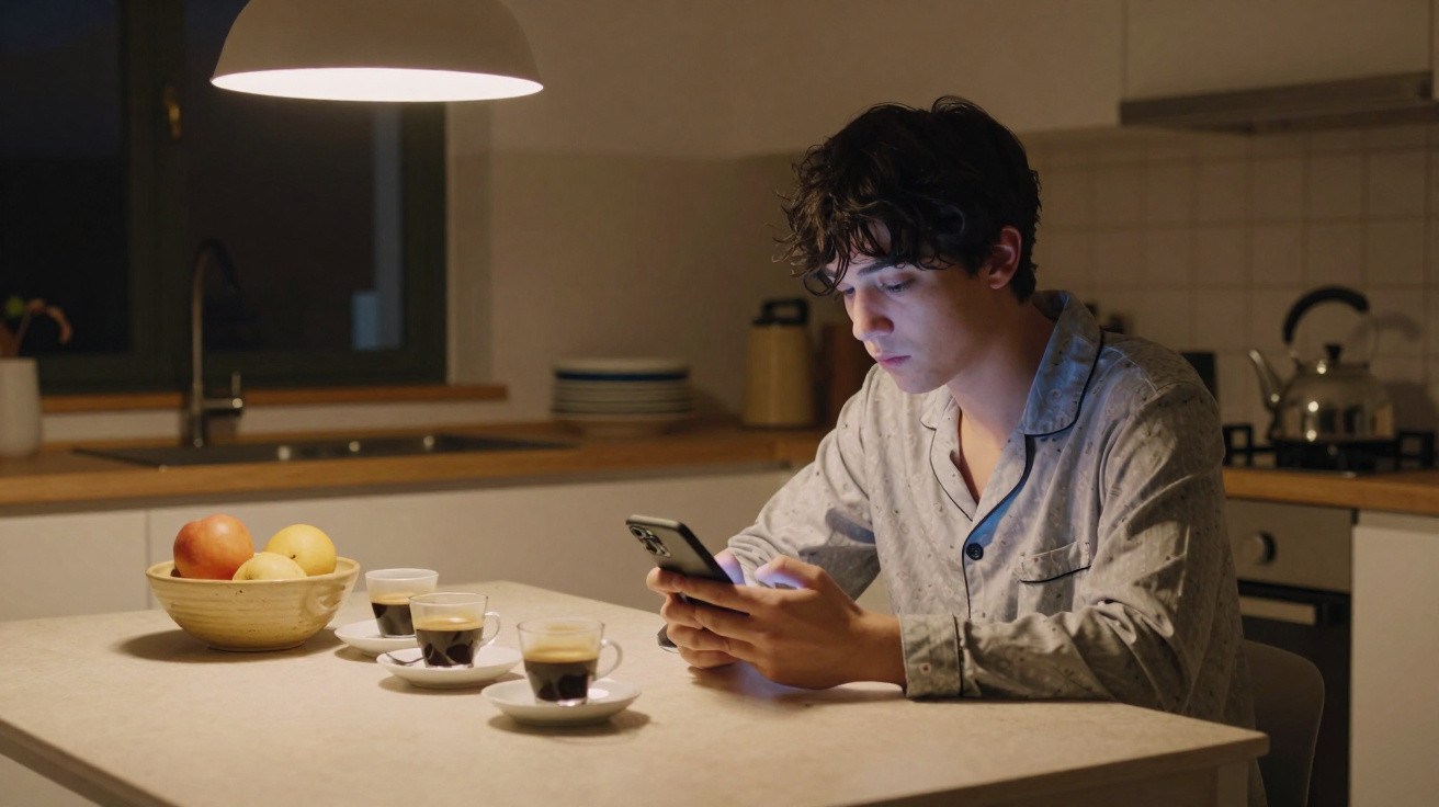 Jovem sentado à mesa da cozinha à noite, vestindo pijama, usando celular e com xícaras de café à frente.