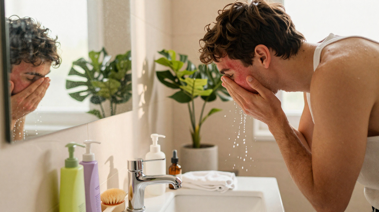 Homem lavando o rosto em uma pia de banheiro claro com plantas ao fundo.