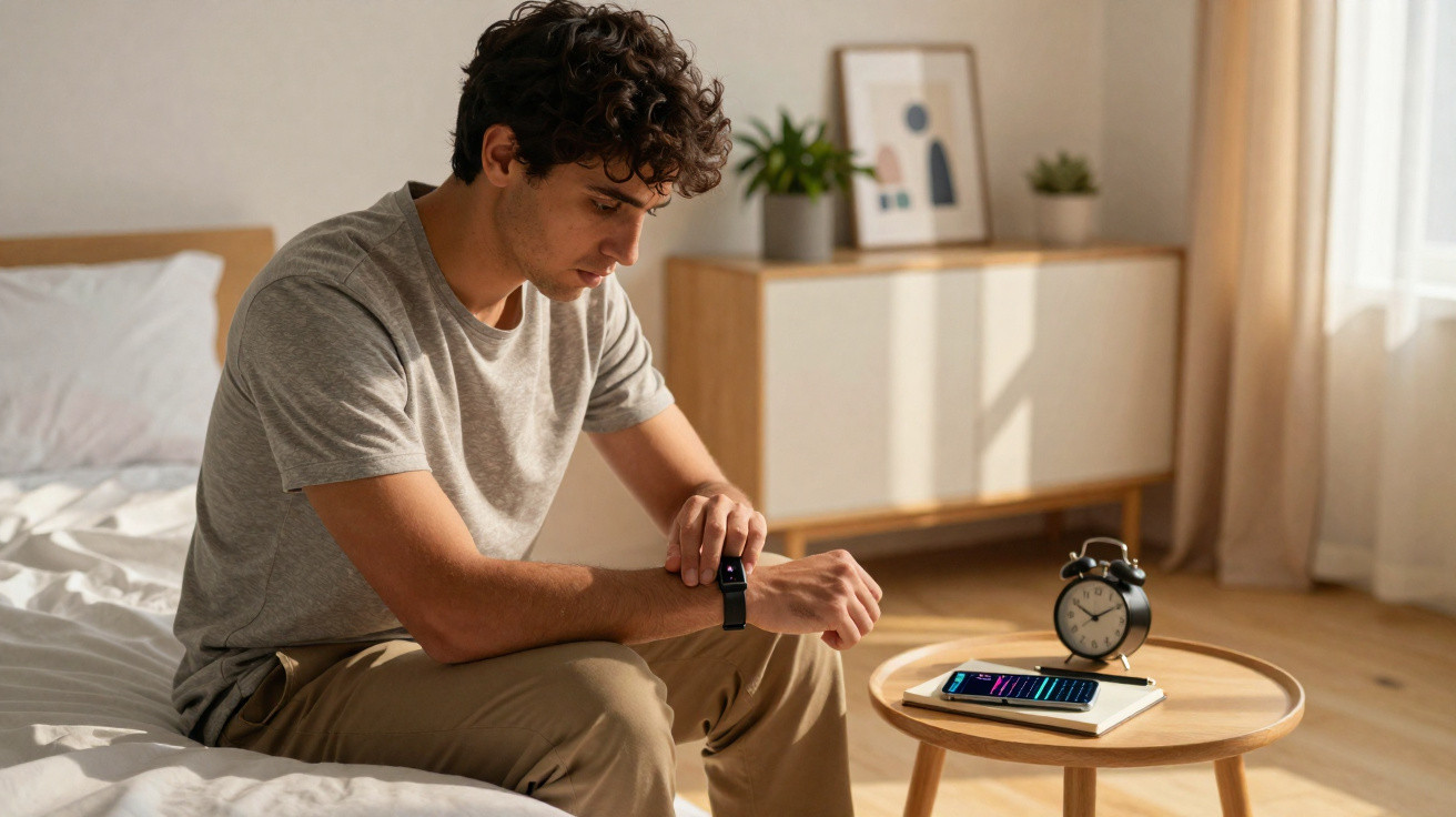 Homem sentado na cama olhando para relógio inteligente, ao lado mesa com celular, livro e despertador analógico.