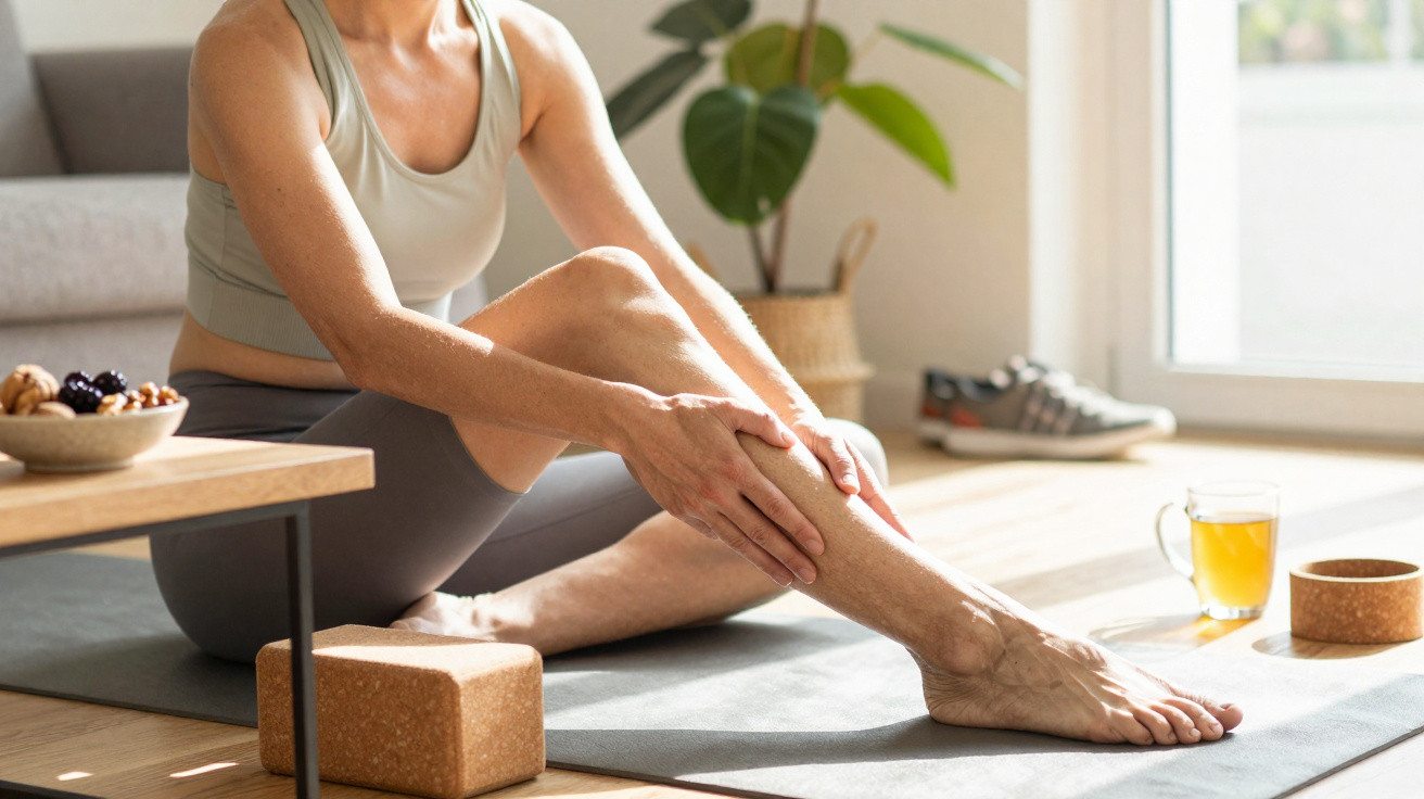 Mulher sentada em tapete de yoga, segurando a perna com expressão de dor, ao lado de suco e acessórios de exercício.