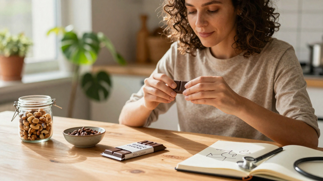 Mulher segurando pedaço de chocolate sentada à mesa com potes de castanhas e caderno aberto na cozinha.