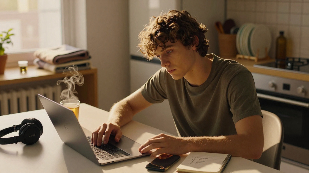 Jovem concentrado trabalhando em laptop na cozinha iluminada pelo sol da manhã.
