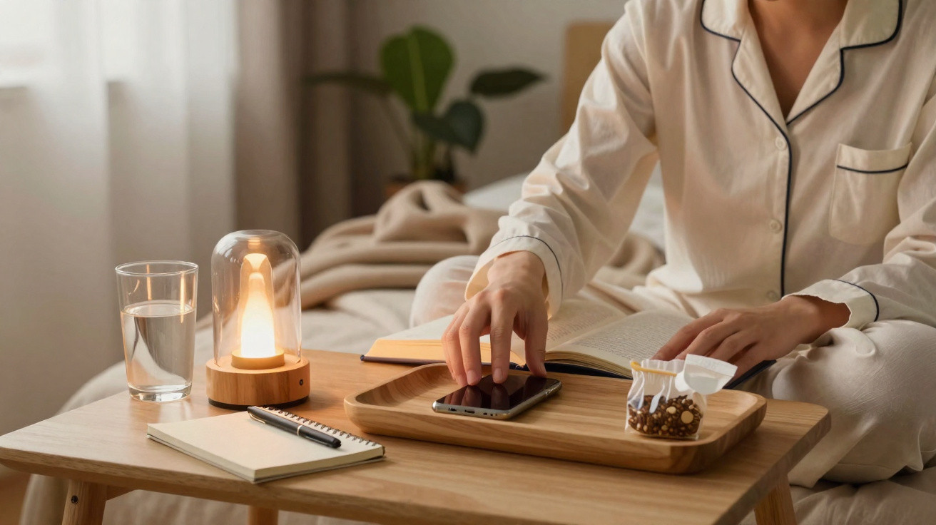 Pessoa em pijama branco sentada na cama, usando celular em bandeja de madeira com lanterna, água e caderno.