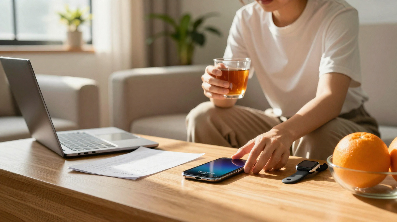 Pessoa segurando copo de chá e tocando celular, com laptop, documentos, relógio e frutas em mesa de madeira.