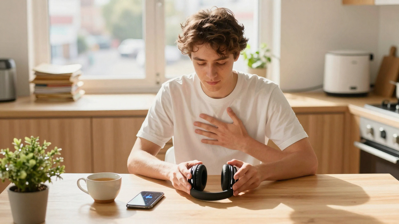Jovem na cozinha segurando fones de ouvido, com celular, xícara e planta sobre a mesa de madeira.