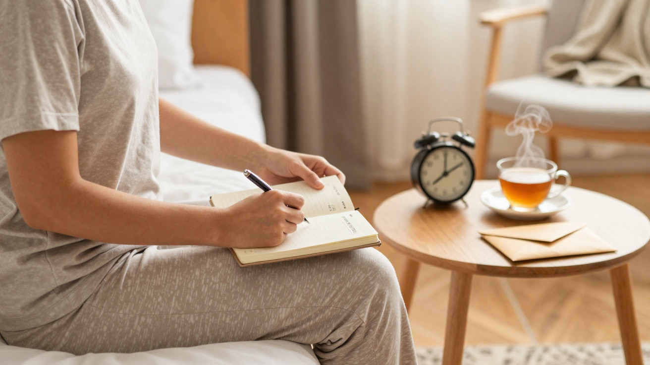 Pessoa sentada na cama escrevendo em caderno, com mesa ao lado com relógio, cartas e xícara de chá fumegante.