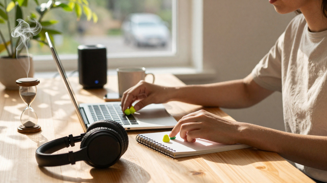 Pessoa trabalhando em mesa de madeira com laptop, protetores auriculares e caderno para anotações.