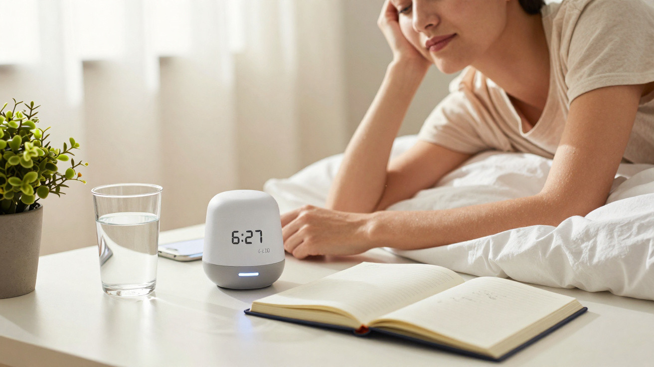 Mulher deitada na cama olhando despertador digital, com copo d'água, planta e livro aberto na mesa.