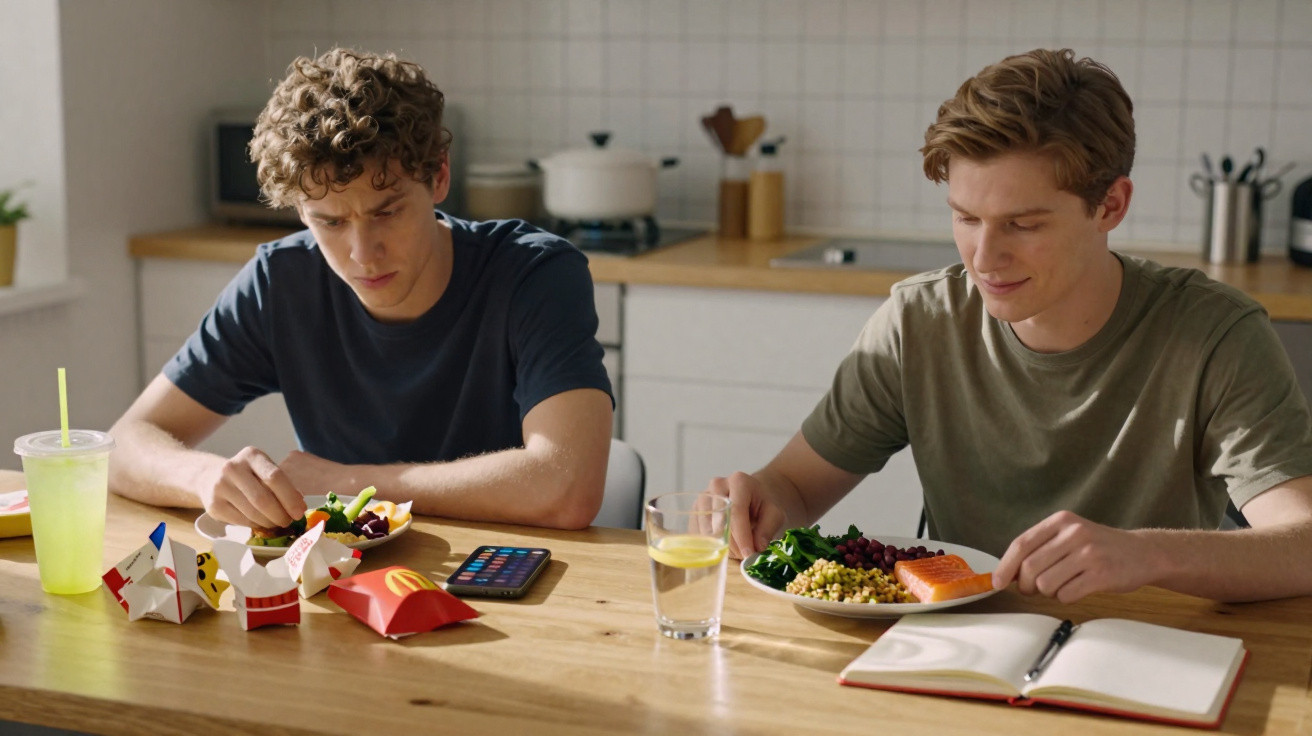 Dois jovens sentados à mesa, um com comida de fast-food e o outro com refeição saudável e um livro aberto.