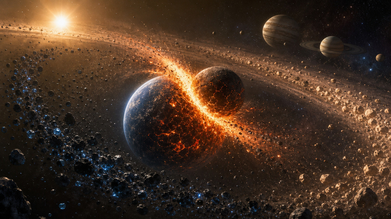 Colisão entre dois planetas no espaço com asteróides ao redor e estrela ao fundo iluminando a cena.