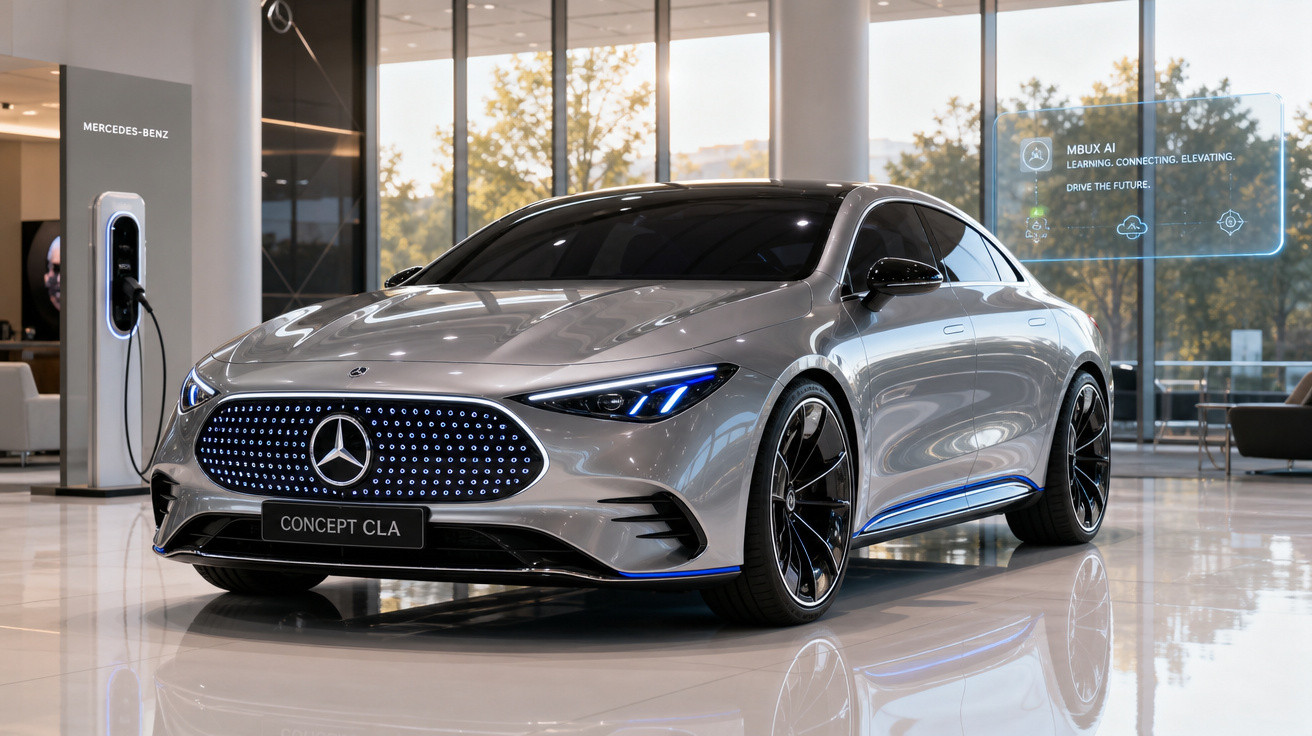 Carro elétrico Mercedes-Benz Concept CLA prata em showroom moderno, com design futurista e luzes LED azuis.