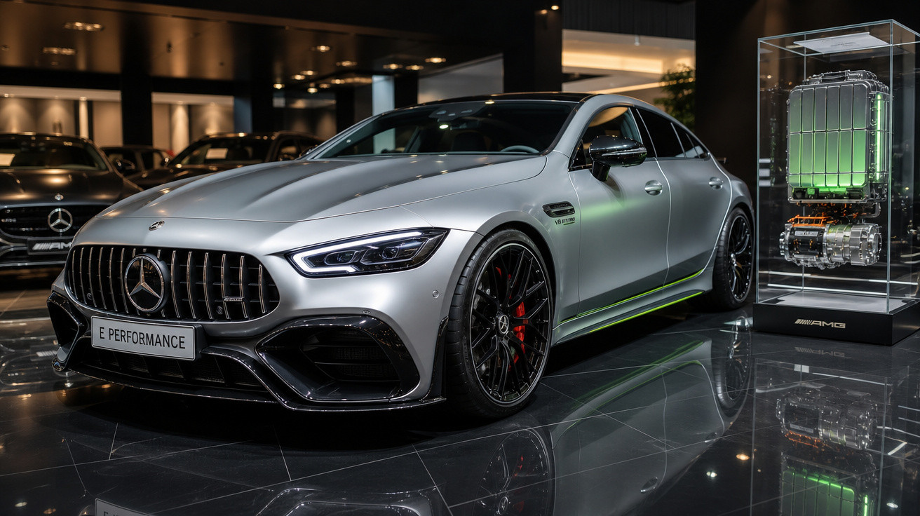 Carro Mercedes-Benz AMG prata exibido em showroom com motor elétrico destacado ao lado.