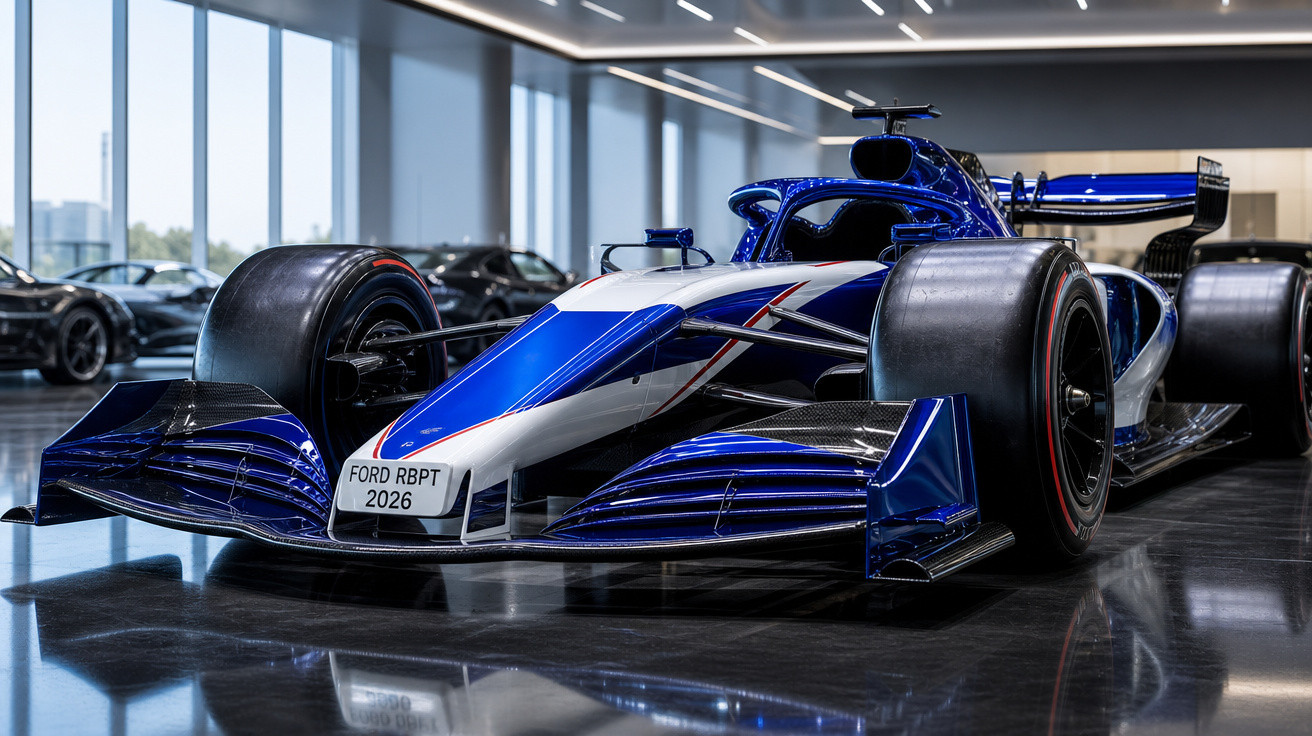 Carro de Fórmula 1 azul, branco e vermelho em exposição em um showroom moderno e iluminado.