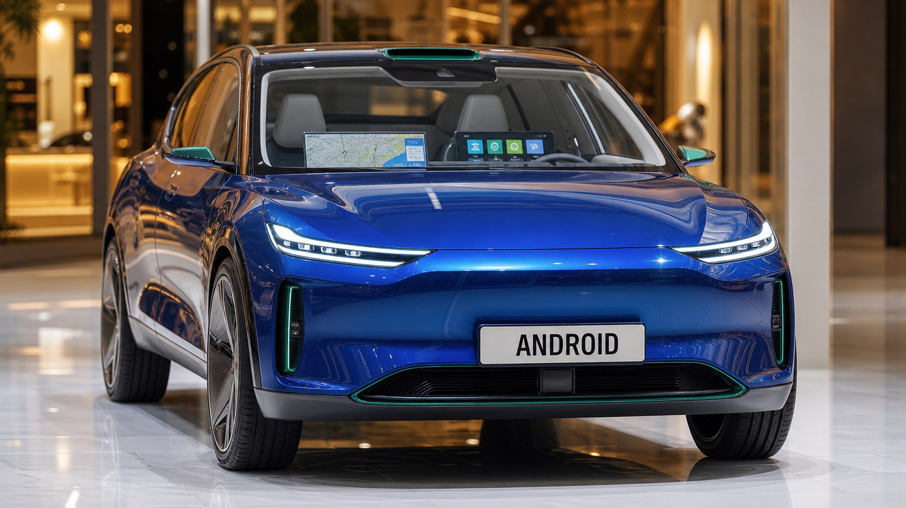 Carro elétrico azul Android em ambiente interno com telas digitais visíveis no painel frontal.