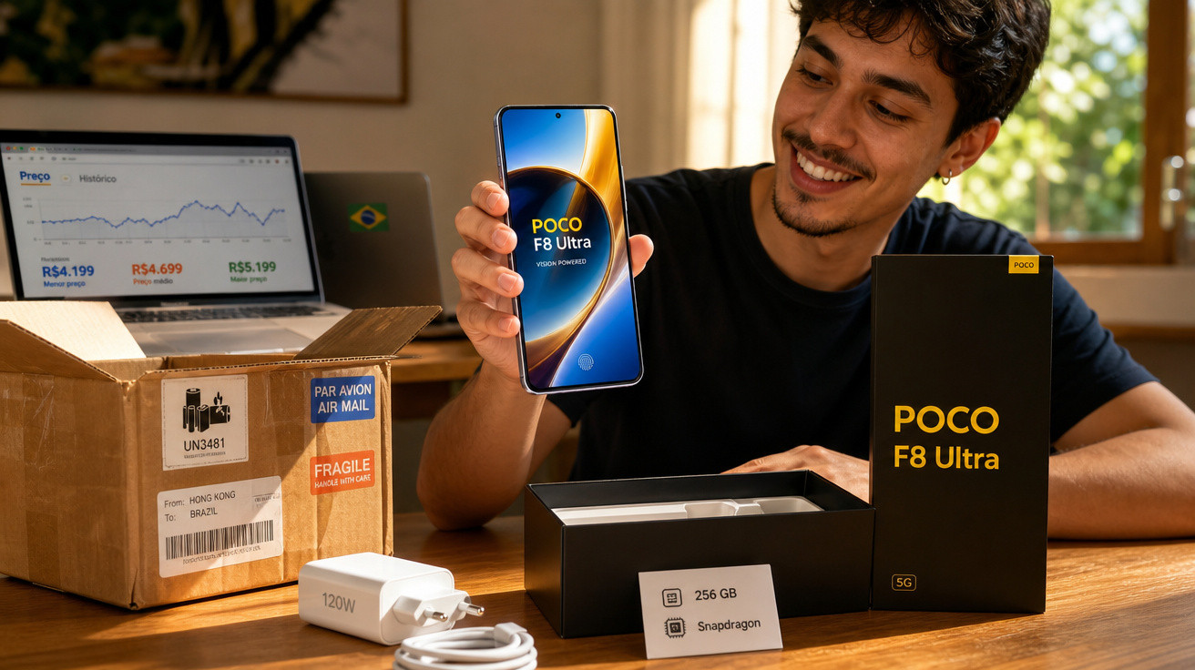 Homem sorrindo mostrando celular Poco F8 Ultra com caixa e carregador em mesa de madeira.
