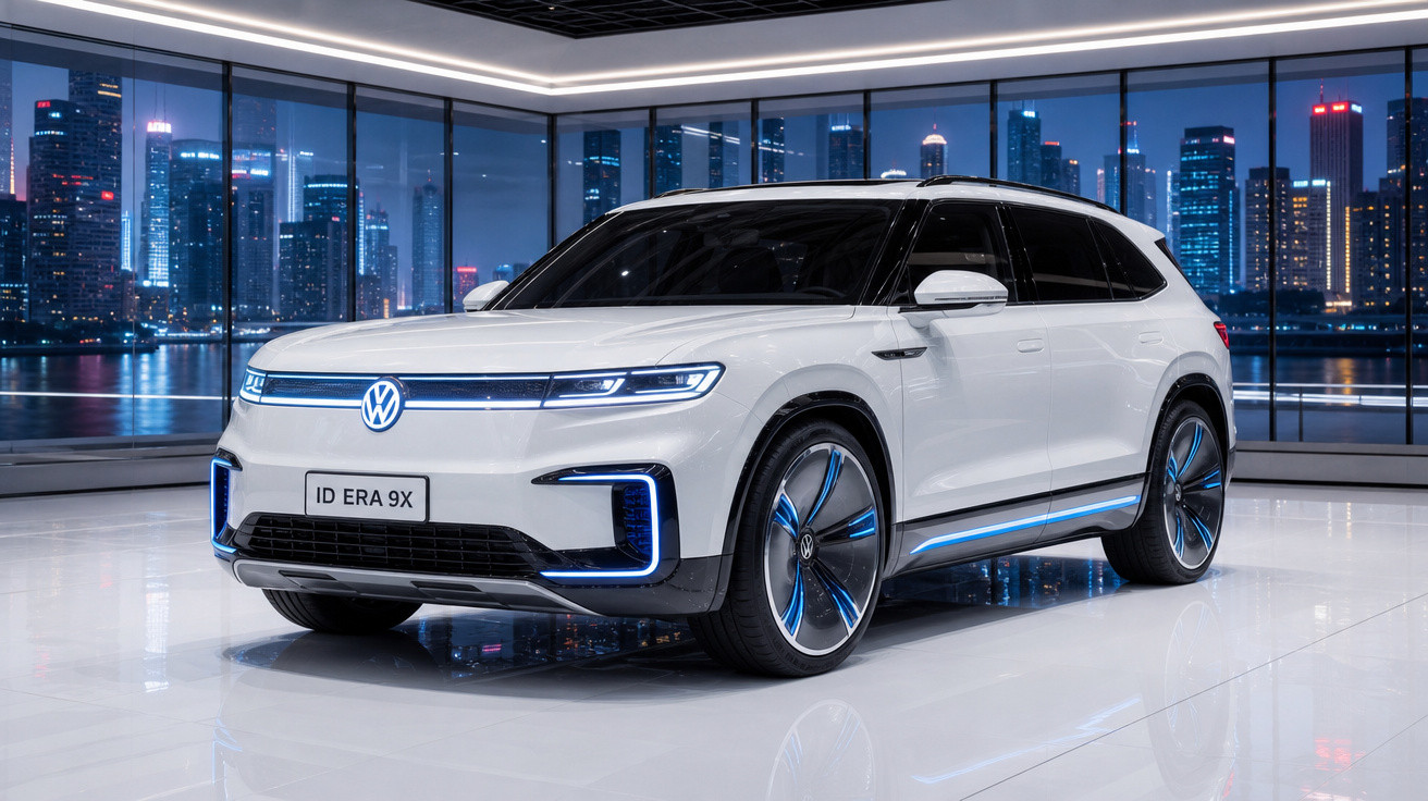 SUV elétrico branco Volkswagen ID ERA 9X em showroom moderno com vista noturna para cidade iluminada.