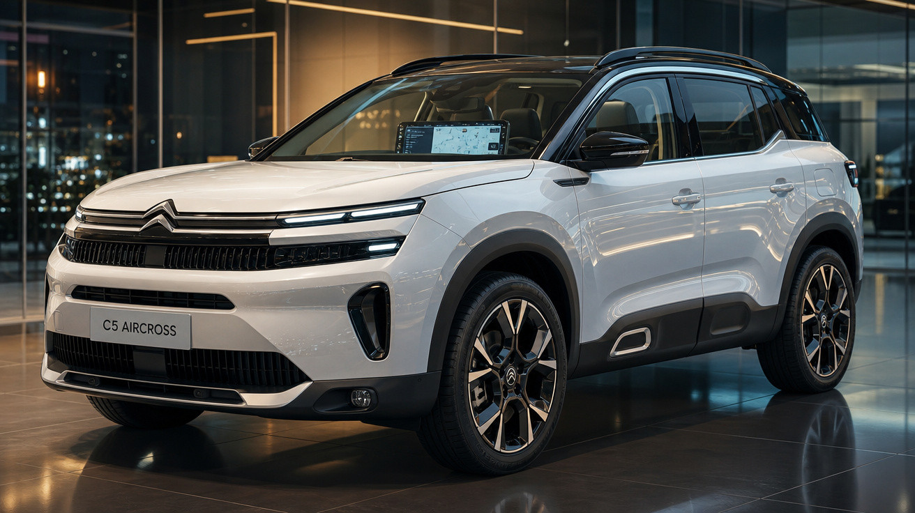 SUV branco Citroën C5 Aircross exibido em showroom moderno com iluminação interna ambiente.