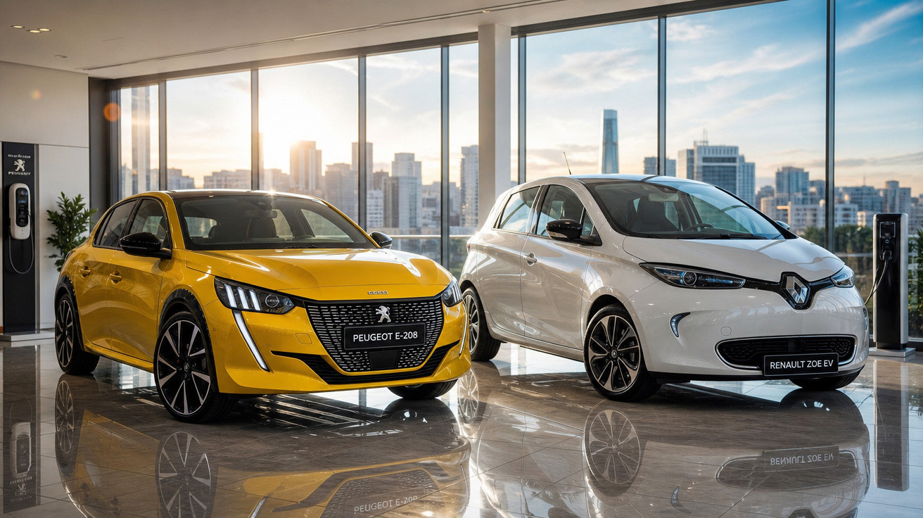 Carros elétricos Peugeot e-208 amarelo e Renault Zoe branco em showroom com vista da cidade ao fundo.