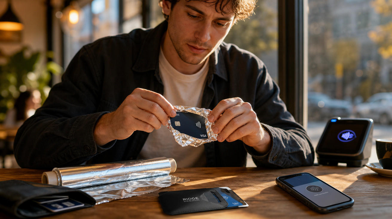 Homem envolve cartão de crédito em papel alumínio em mesa com celular e máquina de pagamento contactless.