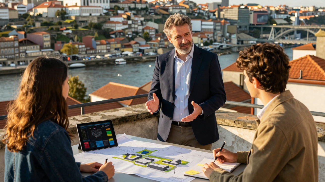 Três pessoas discutem projetos arquitetônicos em mesa externa com vista para rio e casas ao fundo.