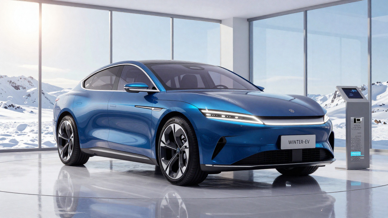 Carro elétrico azul modelo Winter-EV em showroom com grandes janelas e paisagem de montanhas nevadas.