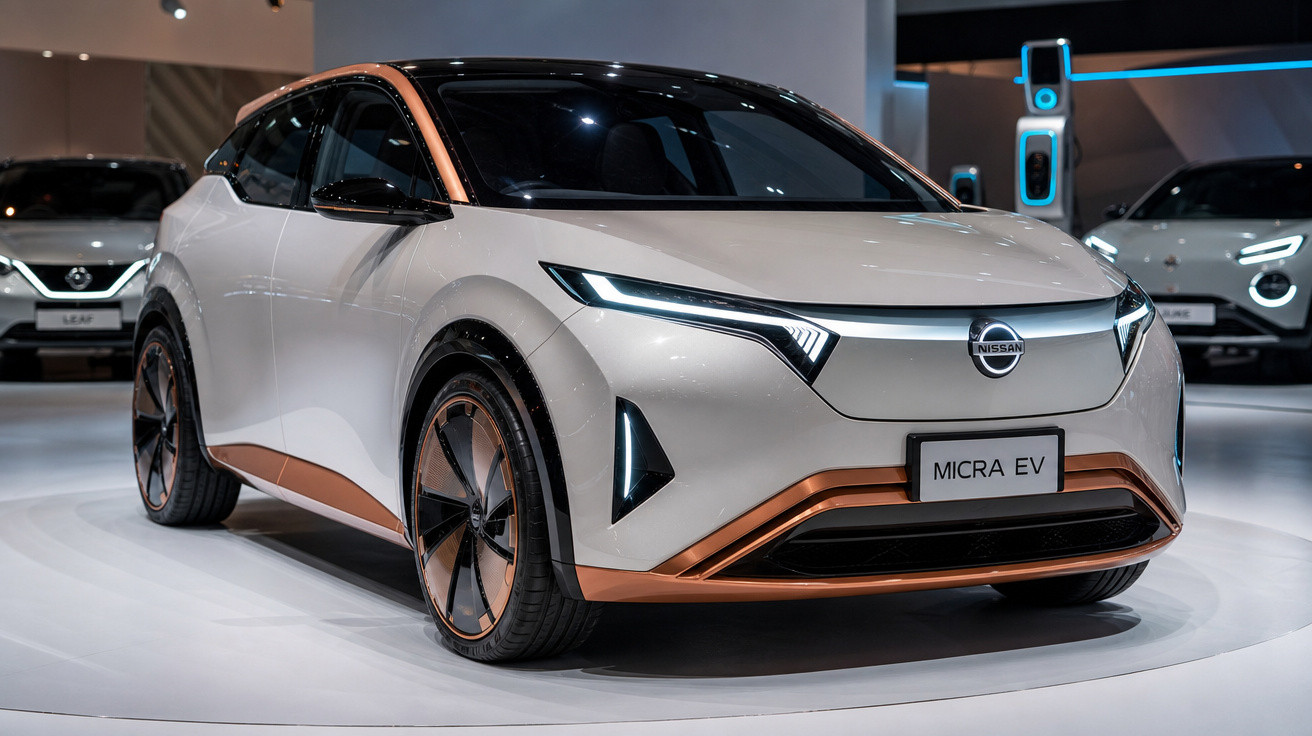 Carro elétrico branco Nissan Micra EV em exposição com detalhes em cobre e design futurista.