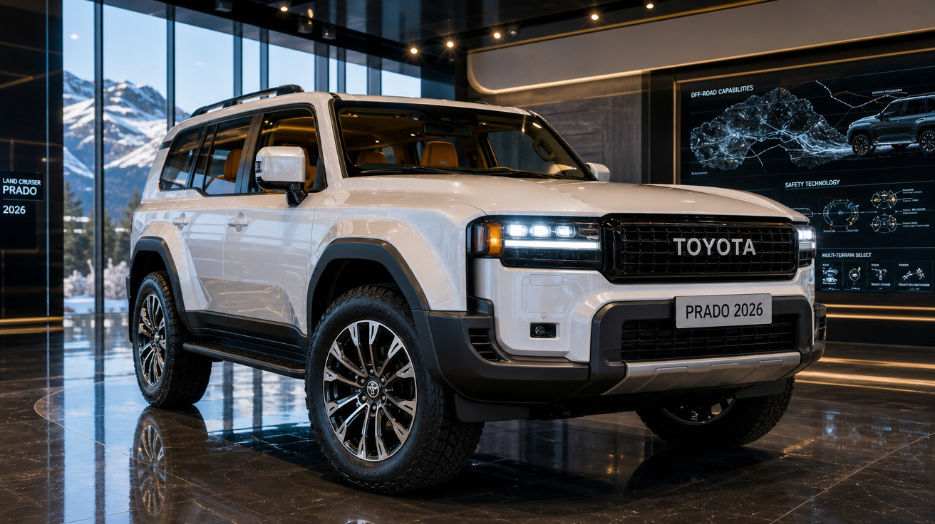 SUV branco Toyota Prado 2026 exibido em showroom com montanhas ao fundo e iluminação moderna.