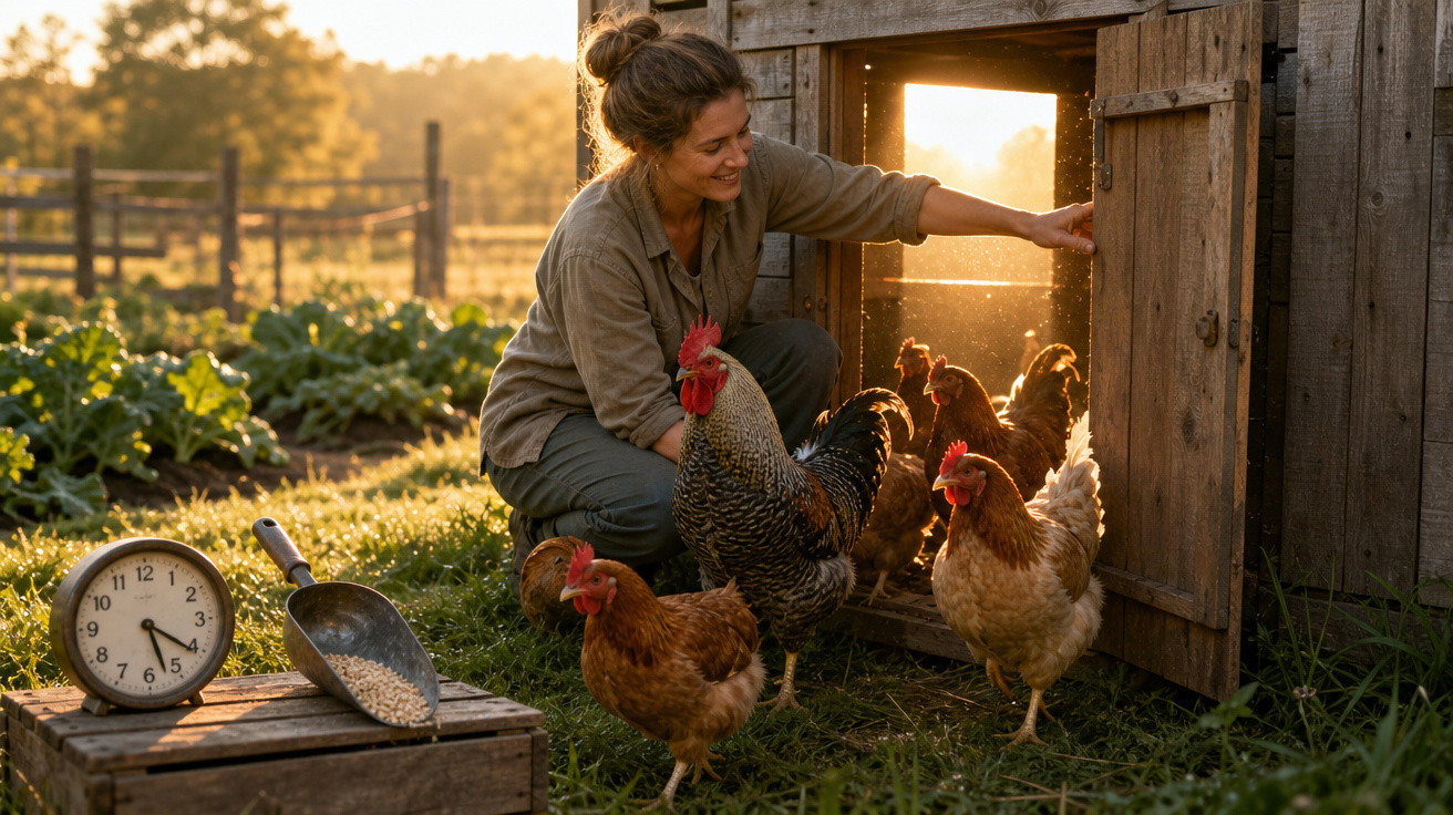 Mulher alimentando galinhas ao amanhecer em uma área rural com relógio e sementes ao lado.
