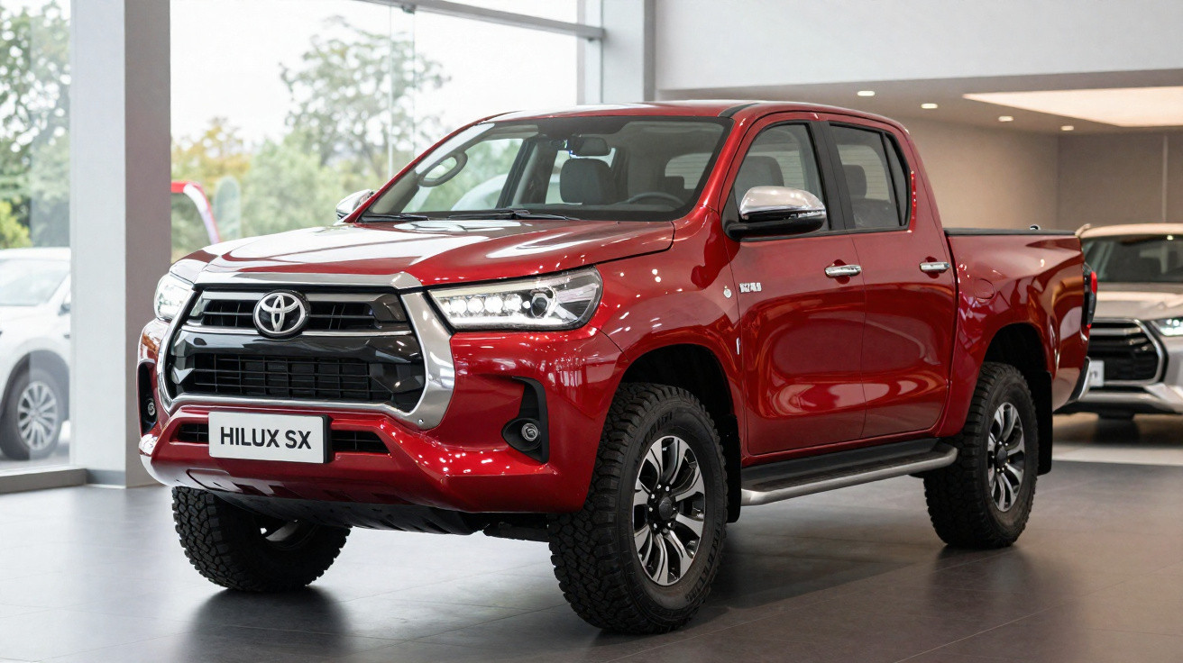 Picape Toyota Hilux SX vermelha exibida em showroom com faróis acesos e rodas robustas.