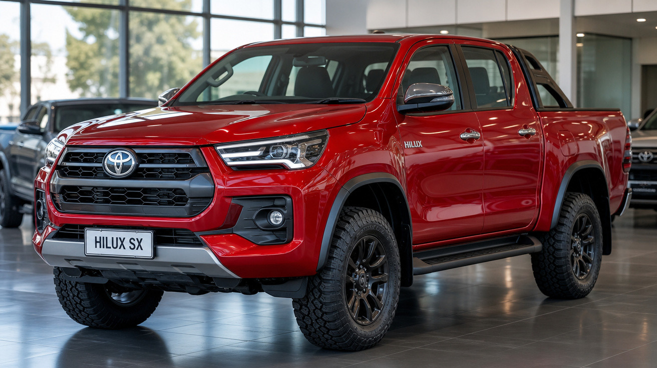 Picape Toyota Hilux SX vermelha em exposição dentro de salão de automóveis.