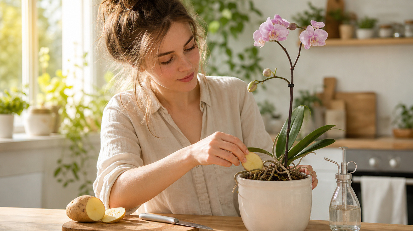 Mulher cuidando de orquídea com fatia de batata em vaso na cozinha iluminada pelo sol.