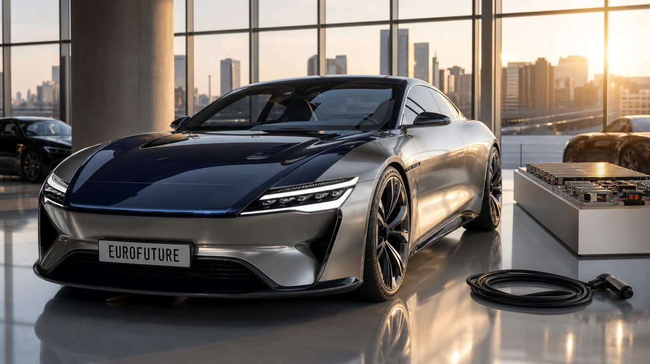 Carro elétrico esportivo prateado em showroom moderno com janela panorâmica e cidade ao fundo.