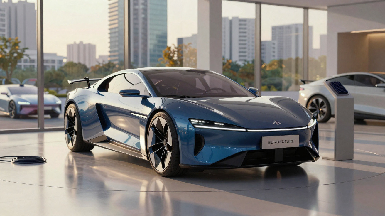 Carro esportivo elétrico azul em showroom moderno com prédios ao fundo e outra linha de carros ao lado.