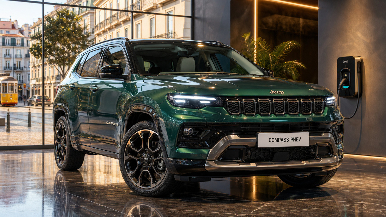 SUV Jeep Compass PHEV verde estacionado em showroom com carregador elétrico ao fundo.
