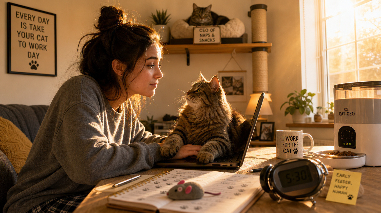Mulher olhando para gato sobre laptop em mesa com objetos relacionados a cuidado de gatos, luz natural.