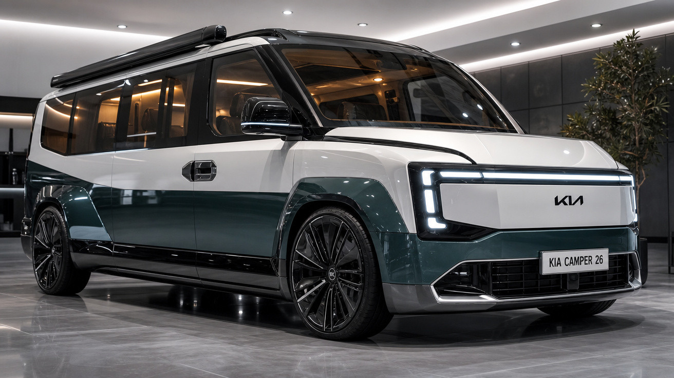 Veículo Kia Camper 26 branco e verde, estilo van moderna, em ambiente interno iluminado.