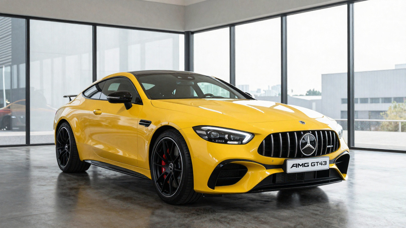 Carro esportivo Mercedes AMG GT43 amarelo exibido em showroom moderno com janelas de vidro grandes.