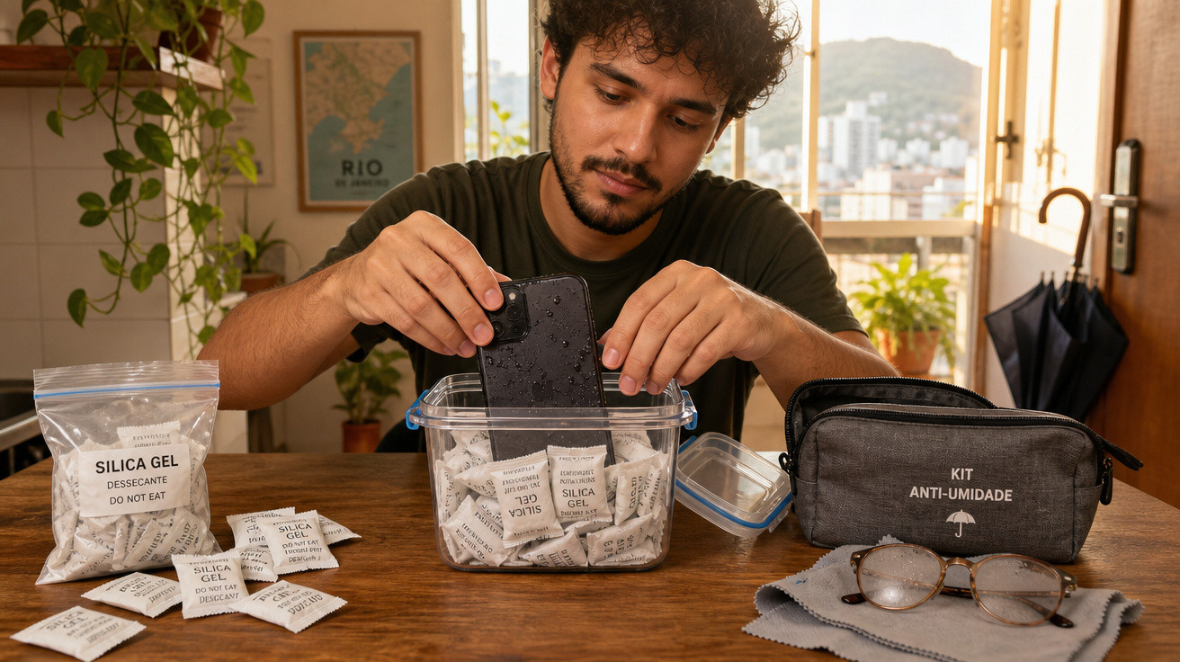 Homem colocando celular em pote com pacotes de sílica gel para proteger contra umidade em cozinha.