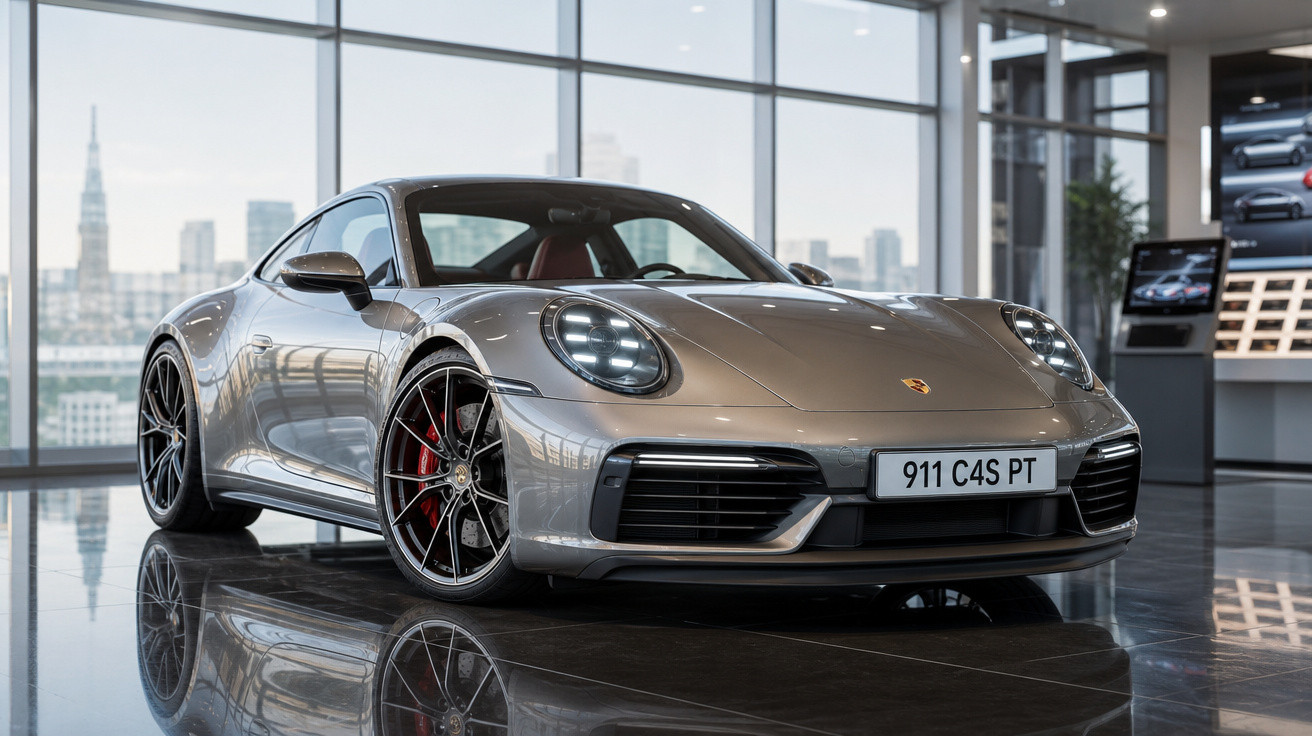 Carro esportivo Porsche 911 prata em showroom moderno com janelas grandes e vista urbana ao fundo.