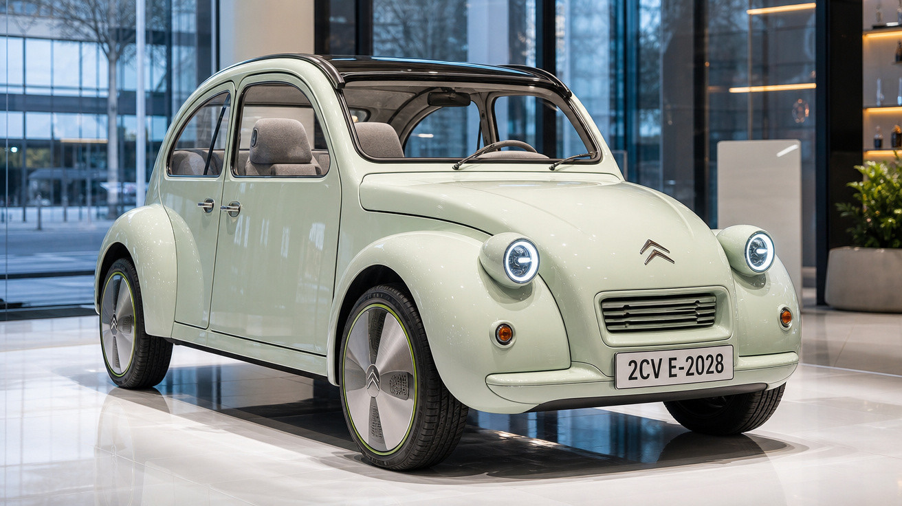 Carro elétrico Citroën 2CV E-2028 em exposição com design retro e faróis circulares acesos.