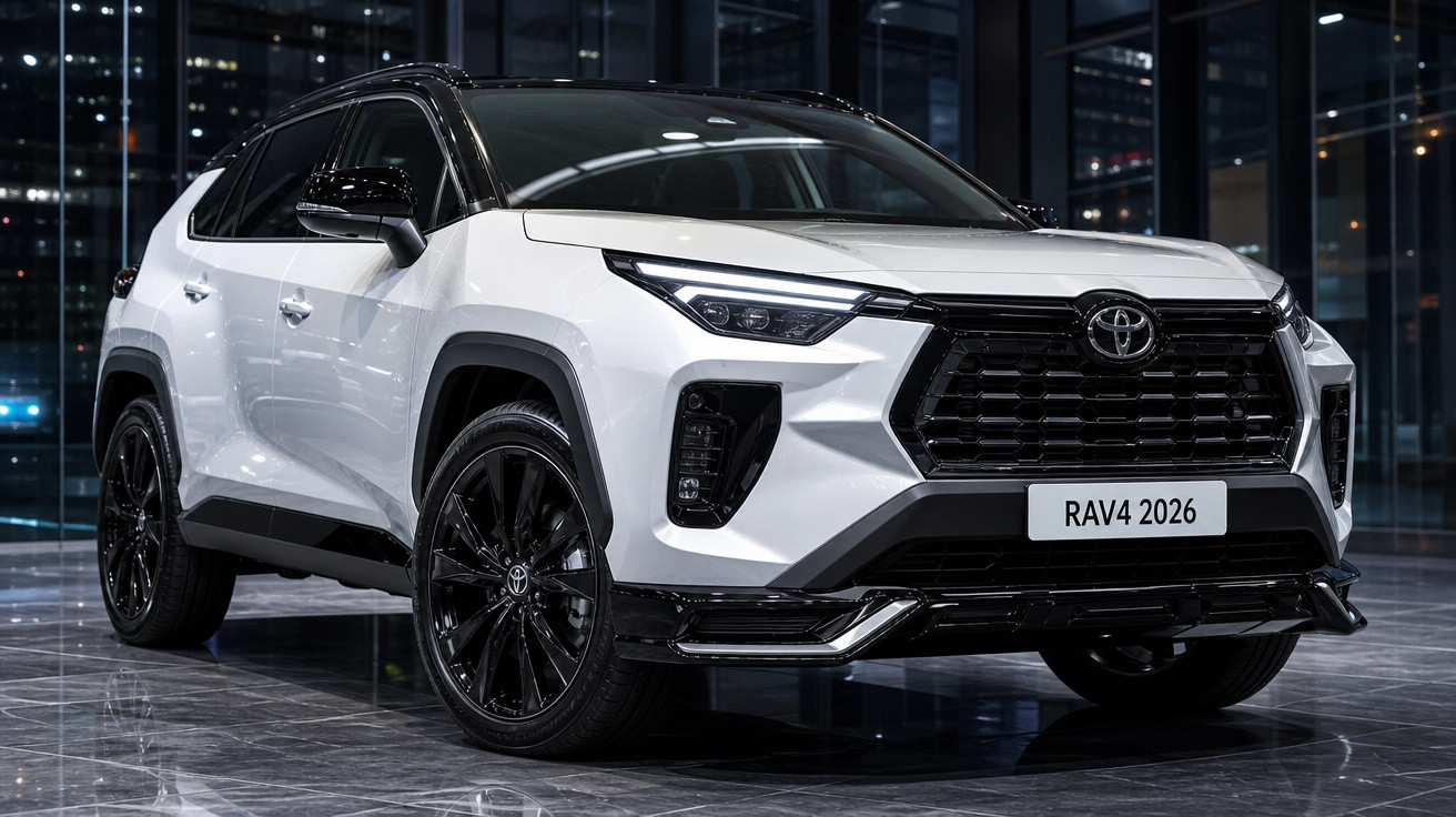 Toyota RAV4 2026 branco com teto preto e detalhes em preto, em ambiente interno moderno e iluminado.