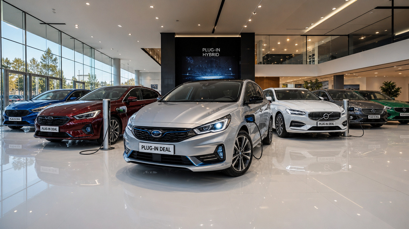 Carros híbridos plug-in expostos em showroom moderno com piso branco brilhante e iluminação natural.