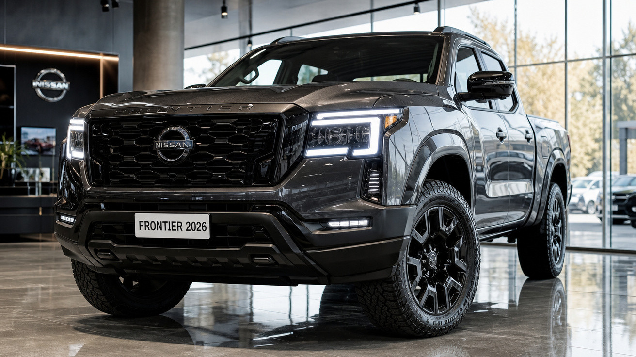 Picape Nissan Frontier 2026 preta em exposição, com faróis de LED acesos em ambiente interno moderno.